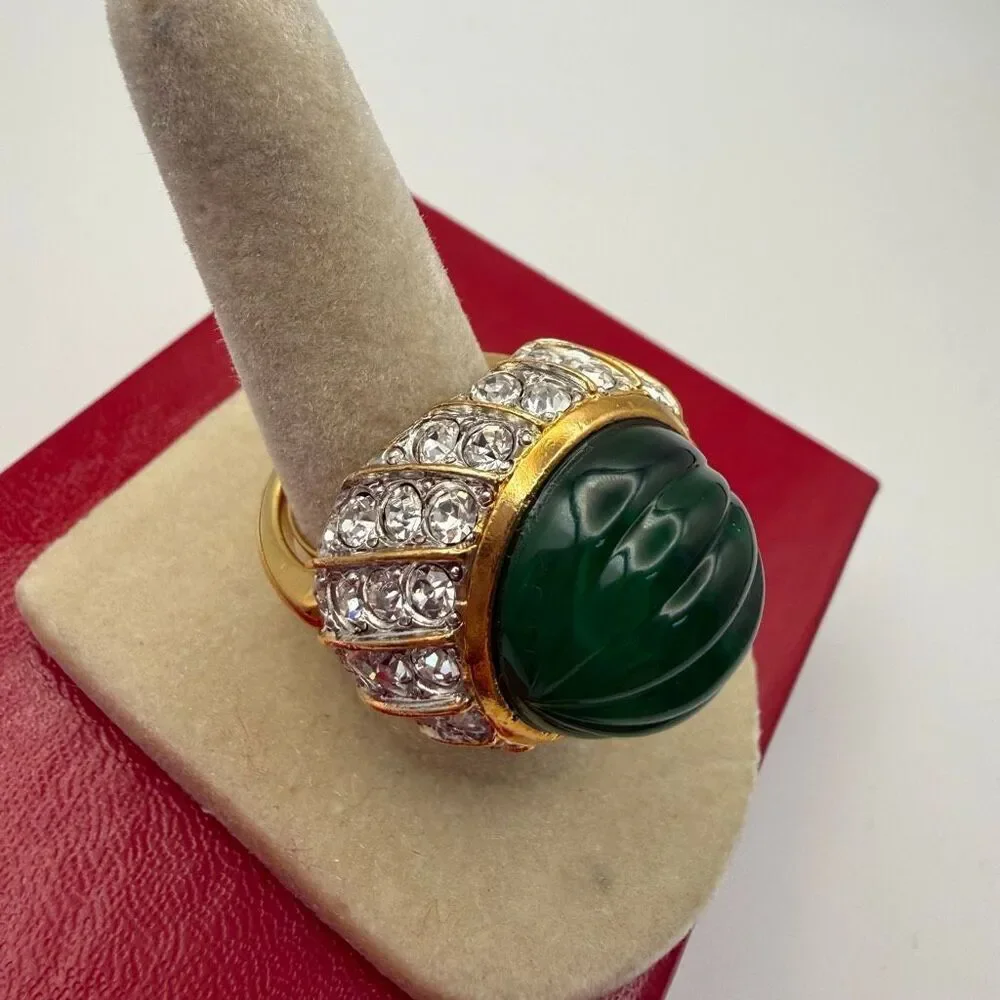 Kenneth Jay Lane Faux Jade Emerald Rhinestone Dome Cocktail Ring Adjustable5-5.5